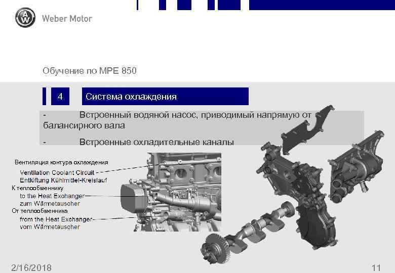 Chapter Slide Обучение по MPE 850 4 Система охлаждения Встроенный водяной насос, приводимый напрямую