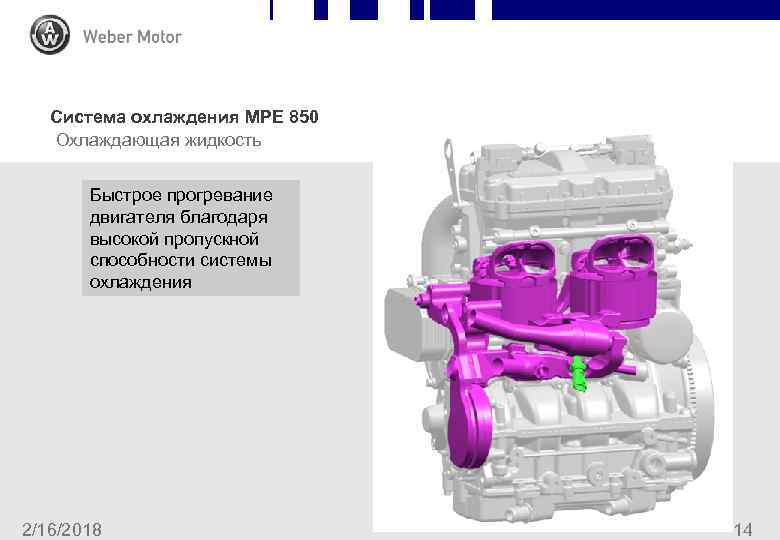 Система охлаждения MPE 850 pter Slide Охлаждающая жидкость Быстрое прогревание двигателя благодаря высокой пропускной