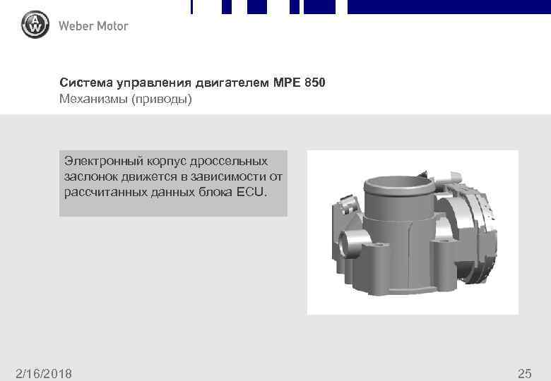 Система управления двигателем MPE 850 Механизмы (приводы) Электронный корпус дроссельных заслонок движется в зависимости