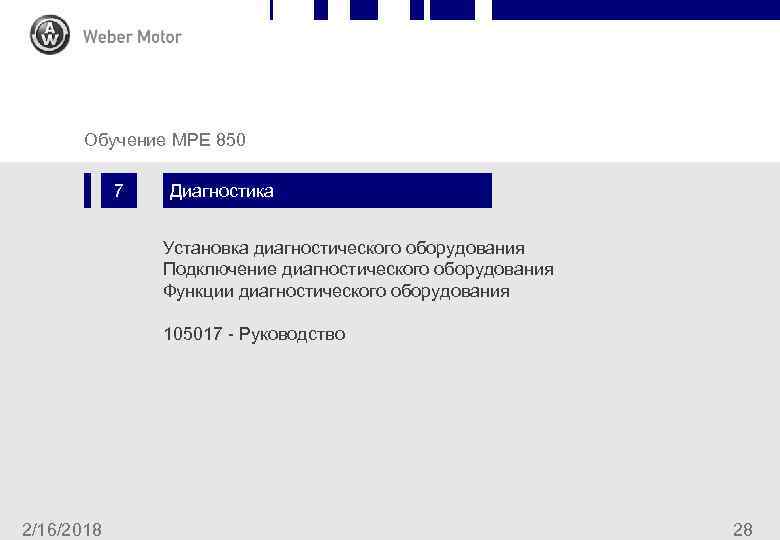 Chapter Slide Обучение MPE 850 7 Диагностика Установка диагностического оборудования Подключение диагностического оборудования Функции