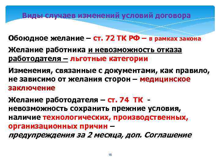  Виды случаев изменений условий договора Обоюдное желание – ст. 72 ТК РФ –