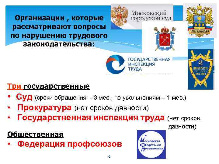  Организации , которые рассматривают вопросы по нарушению трудового законодательства: Три государственные • Суд