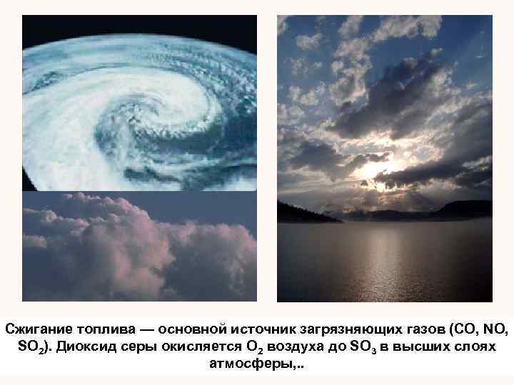 Сжигание топлива — основной источник загрязняющих газов (CО, NO, SO 2). Диоксид серы окисляется