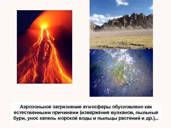 Аэрозольное загрязнение атмосферы обусловлено как естественными причинами (извержение вулканов, пыльные бури, унос капель морской