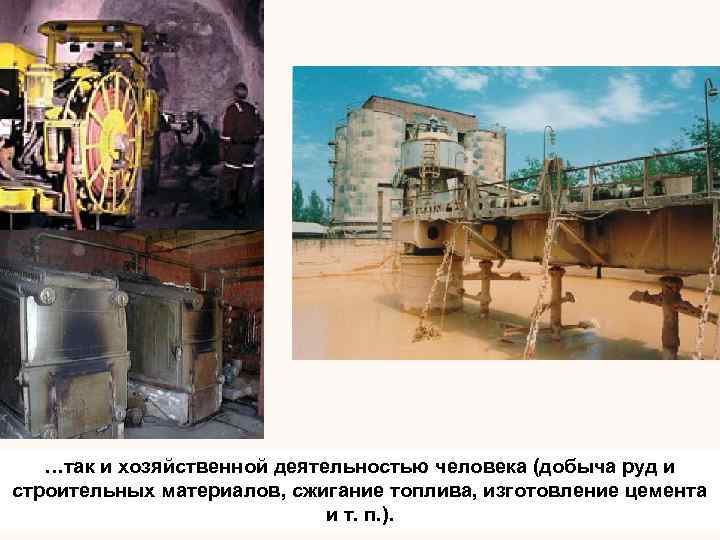 …так и хозяйственной деятельностью человека (добыча руд и строительных материалов, сжигание топлива, изготовление цемента