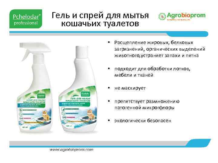 Гель и спрей для мытья кошачьих туалетов • Расщепление жировых, белковых загрязнений, органических выделений