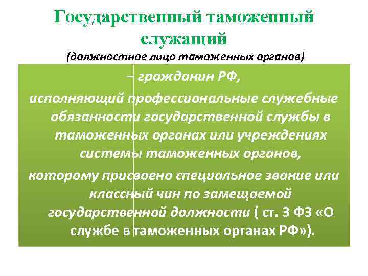 Государственный таможенный служащий (должностное лицо таможенных органов) – гражданин РФ, исполняющий профессиональные служебные обязанности