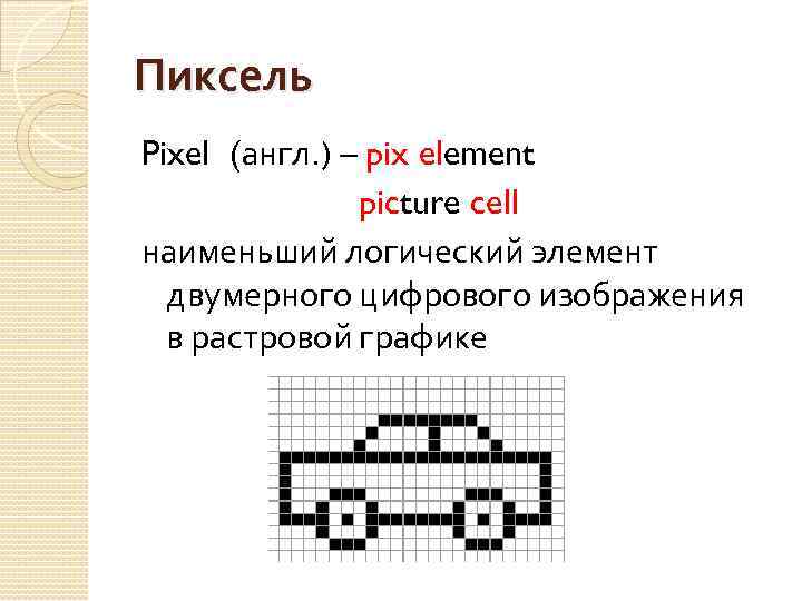 Пиксель Pixel (англ. ) pix element picture cell наименьший логический элемент двумерного цифрового изображения