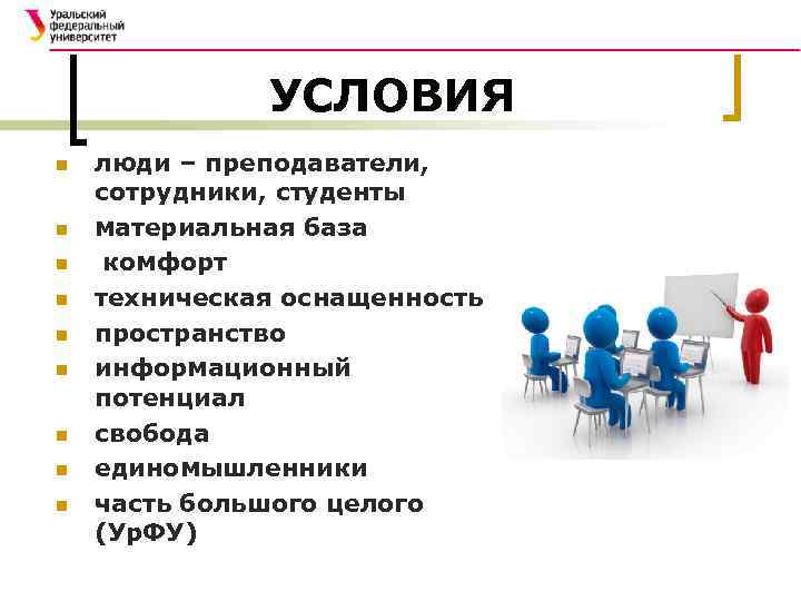 УСЛОВИЯ n n n n n люди – преподаватели, сотрудники, студенты материальная база комфорт