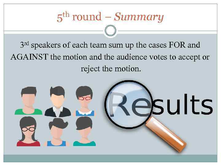 5 th round – Summary 3 rd speakers of each team sum up the