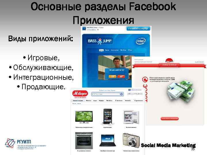 Основные разделы Facebook Приложения Виды приложений: • Игровые, • Обслуживающие, • Интеграционные, • Продающие.