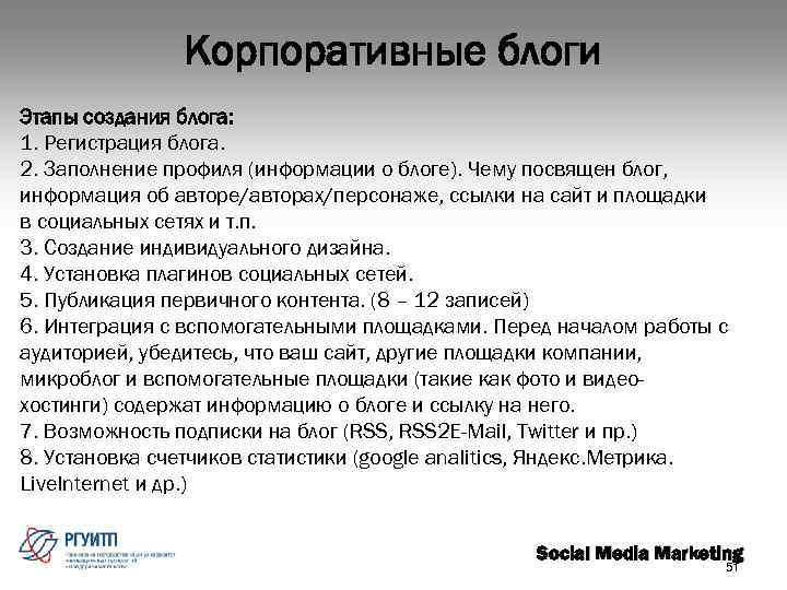 Корпоративные блоги Этапы создания блога: 1. Регистрация блога. 2. Заполнение профиля (информации о блоге).