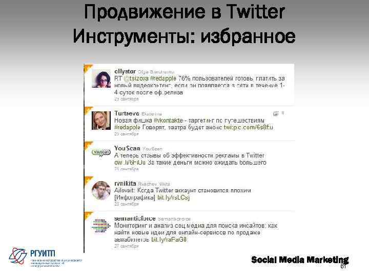 Продвижение в Twitter Инструменты: избранное Social Media Marketing 61 