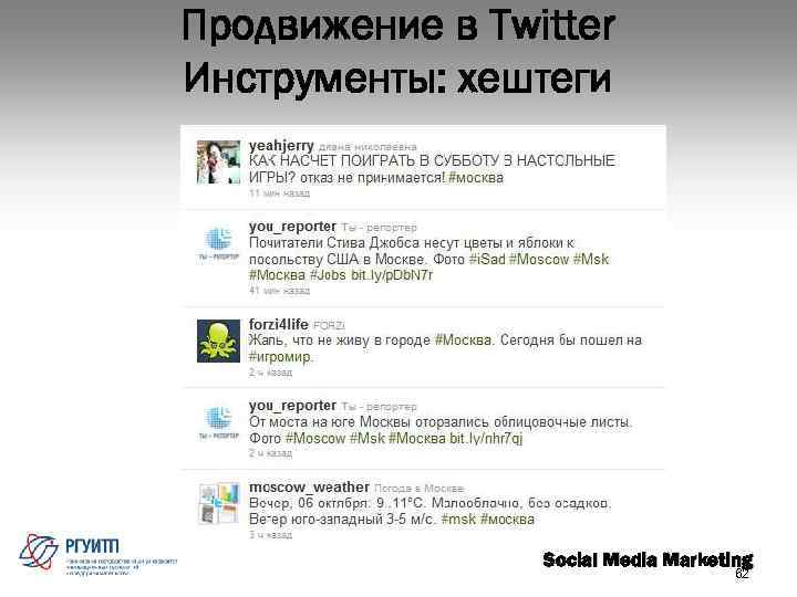 Продвижение в Twitter Инструменты: хештеги Social Media Marketing 62 