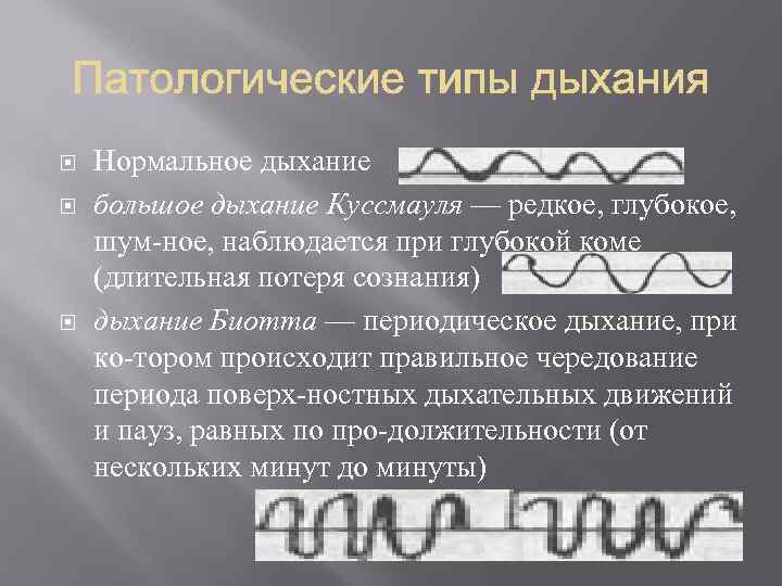 Редкое дыхание. Редкое поверхностное дыхание. Редкое глубокое дыхание. Шумное дыхание Куссмауля. Дыхание Куссмауля наблюдается:.