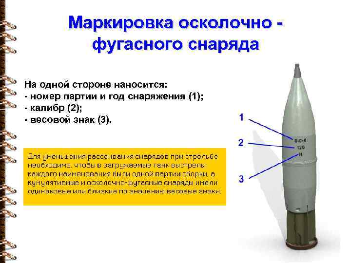 Маркировка осколочно фугасного снаряда На одной стороне наносится: - номер партии и год снаряжения