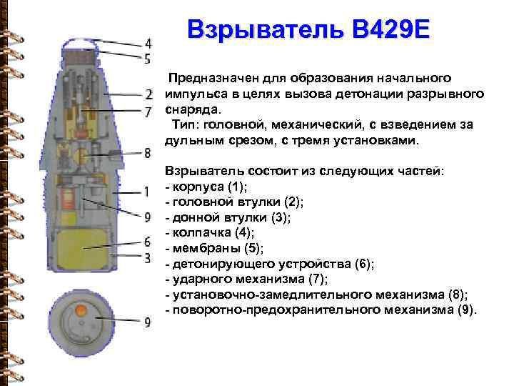 Взрыватель В 429 Е Предназначен для образования начального импульса в целях вызова детонации разрывного