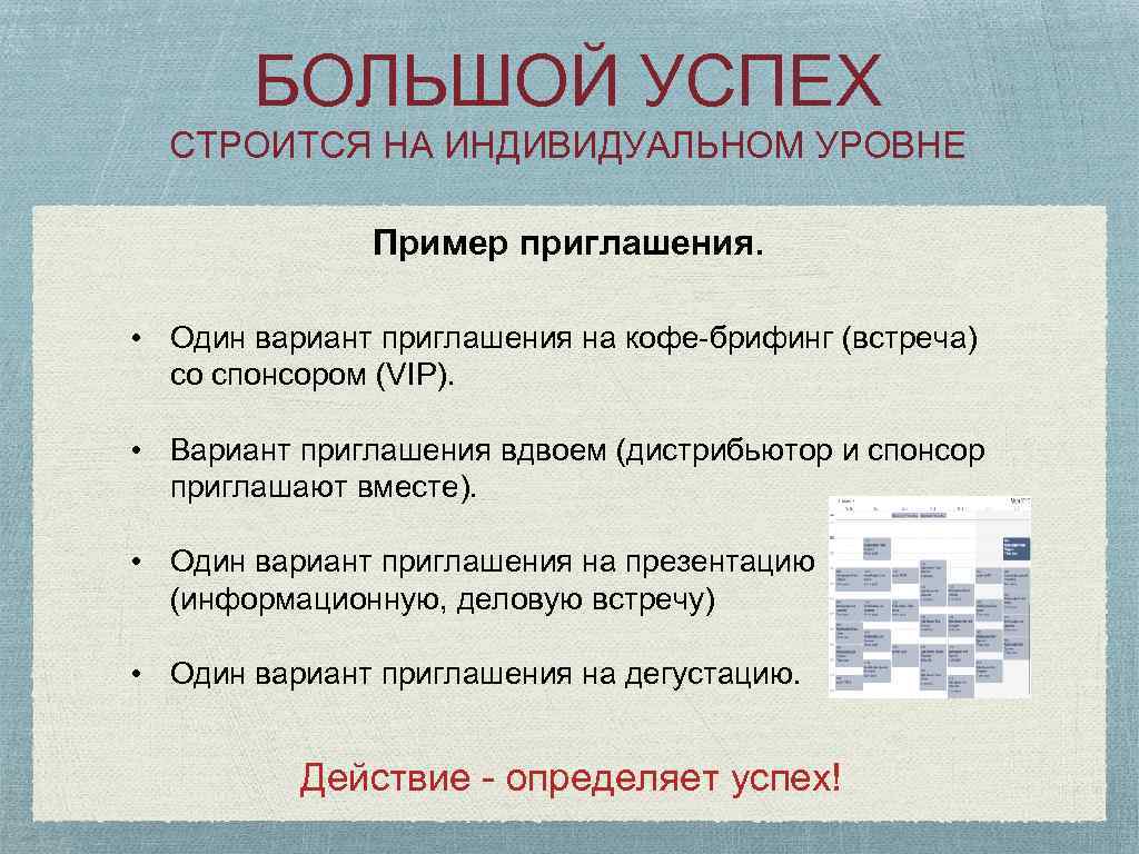 БОЛЬШОЙ УСПЕХ СТРОИТСЯ НА ИНДИВИДУАЛЬНОМ УРОВНЕ Пример приглашения. • Один вариант приглашения на кофе-брифинг