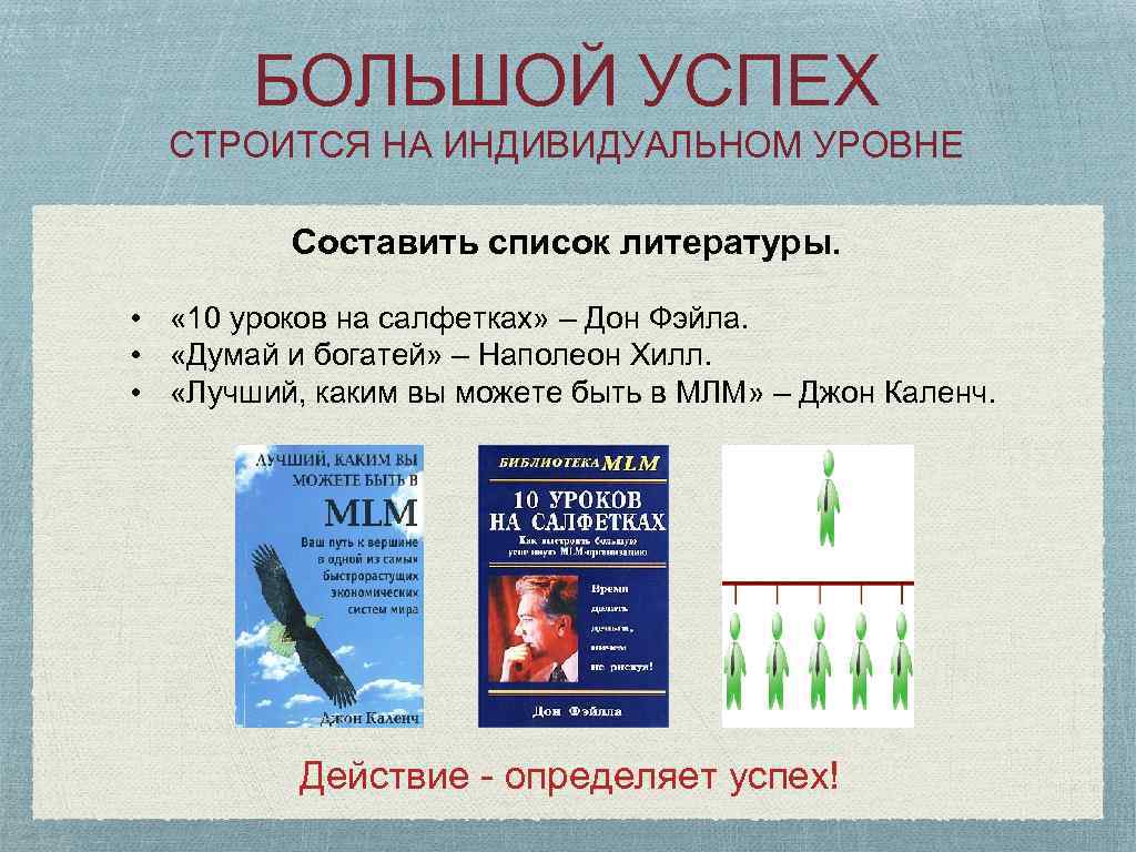 БОЛЬШОЙ УСПЕХ СТРОИТСЯ НА ИНДИВИДУАЛЬНОМ УРОВНЕ Составить список литературы. • « 10 уроков на