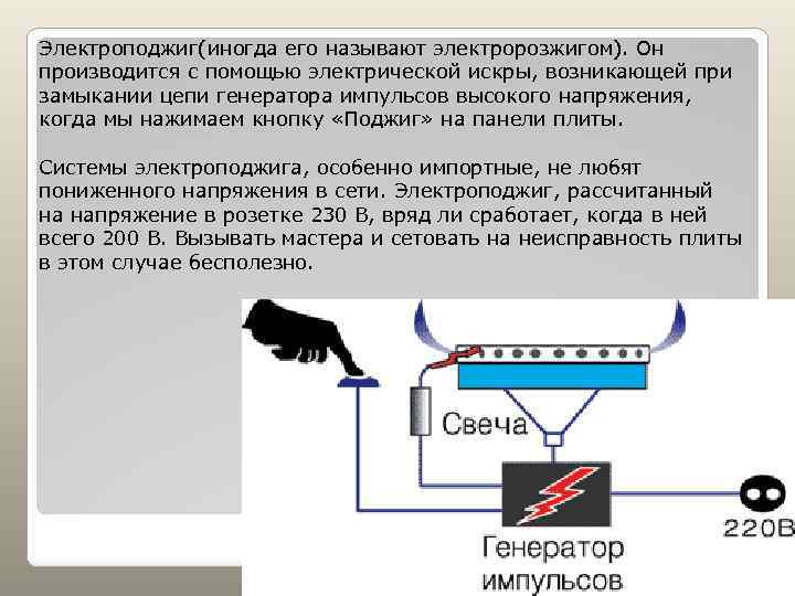 Электроподжиг(иногда его называют электророзжигом). Он производится с помощью электрической искры, возникающей при замыкании цепи