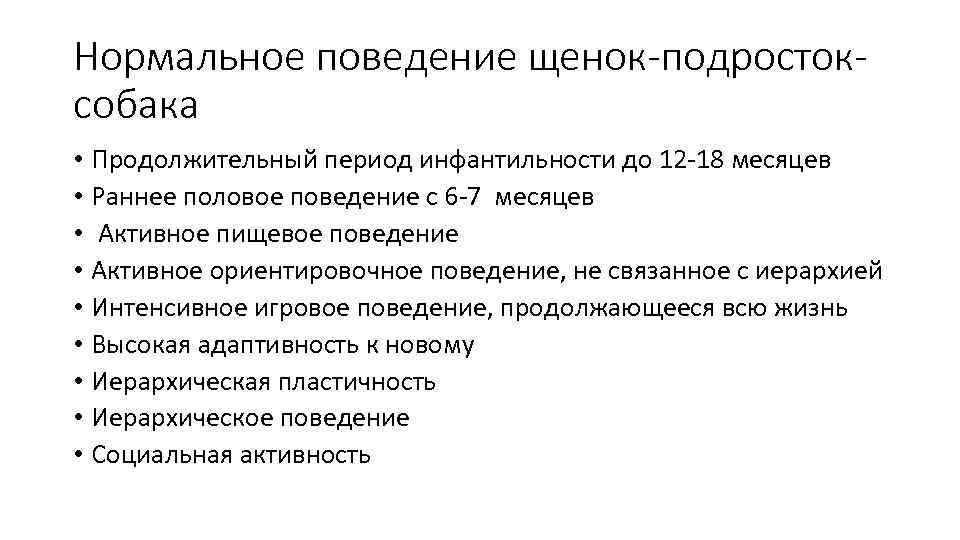 Нормальное поведение щенок-подростоксобака • Продолжительный период инфантильности до 12 -18 месяцев • Раннее половое