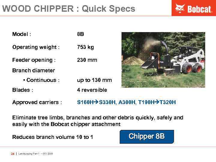 WOOD CHIPPER : Quick Specs Model : 8 B Operating weight : 753 kg