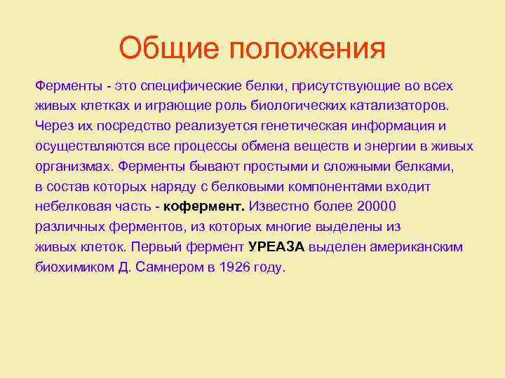 Общие положения Ферменты - это специфические белки, присутствующие во всех живых клетках и играющие