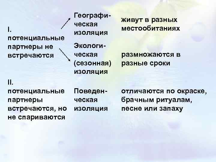 I. потенциальные партнеры не встречаются Географическая изоляция живут в разных местообитаниях Экологическая (сезонная) изоляция