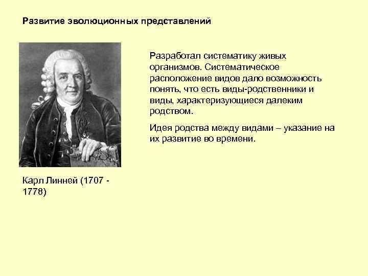 Развитие эволюционных представлений Разработал систематику живых организмов. Систематическое расположение видов дало возможность понять, что