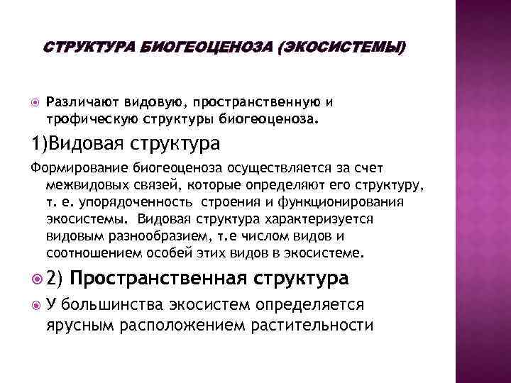 СТРУКТУРА БИОГЕОЦЕНОЗА (ЭКОСИСТЕМЫ) Различают видовую, пространственную и трофическую структуры биогеоценоза. 1)Видовая структура Формирование биогеоценоза
