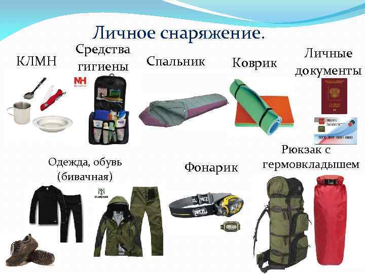 Личное снаряжение. КЛМН Средства гигиены Спальник Одежда, обувь (бивачная) Коврик Фонарик Личные документы Рюкзак