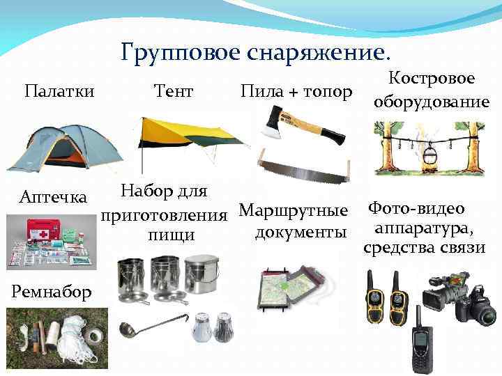 Групповое снаряжение. Палатки Аптечка Ремнабор Тент Пила + топор Костровое оборудование Набор для приготовления