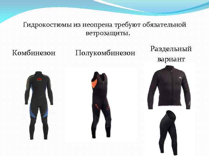 Гидрокостюмы из неопрена требуют обязательной ветрозащиты. Комбинезон Полукомбинезон Раздельный вариант 