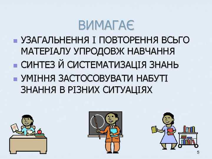 ВИМАГАЄ n n n УЗАГАЛЬНЕННЯ І ПОВТОРЕННЯ ВСЬГО МАТЕРІАЛУ УПРОДОВЖ НАВЧАННЯ СИНТЕЗ Й СИСТЕМАТИЗАЦІЯ