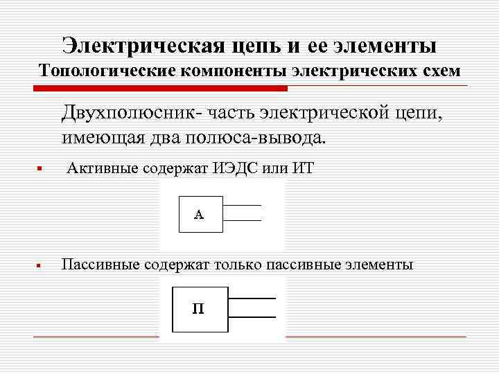 Электрическая цепь и ее элементы Топологические компоненты электрических схем Двухполюсник- часть электрической цепи, имеющая