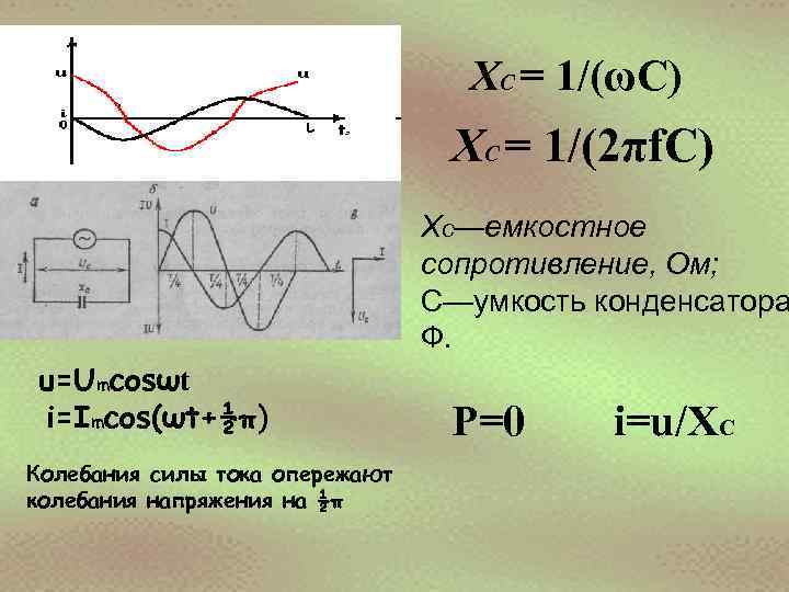 XC = 1/(ωC) XC = 1/(2πf. C) ХC—емкостное сопротивление, Ом; С—умкость конденсатора Ф. u=Umcosωt