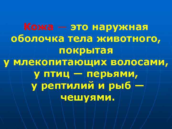 Кожа — это наружная оболочка тела животного, покрытая у млекопитающих волосами, у птиц —