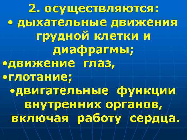 2. осуществляются: • дыхательные движения грудной клетки и диафрагмы; • движение глаз, • глотание;