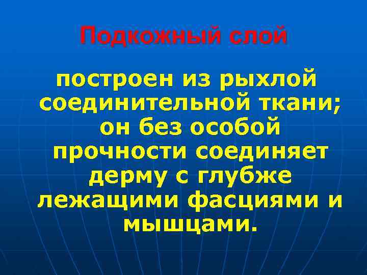 Подкожный слой построен из рыхлой соединительной ткани; он без особой прочности соединяет дерму с