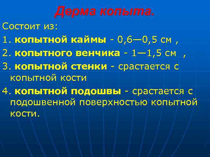 Дерма копыта. Состоит из: 1. копытной каймы - 0, 6— 0, 5 см ,