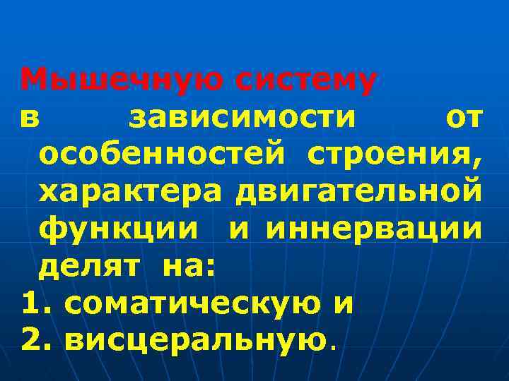 Мышечную систему в зависимости от особенностей строения, характера двигательной функции и иннервации делят на: