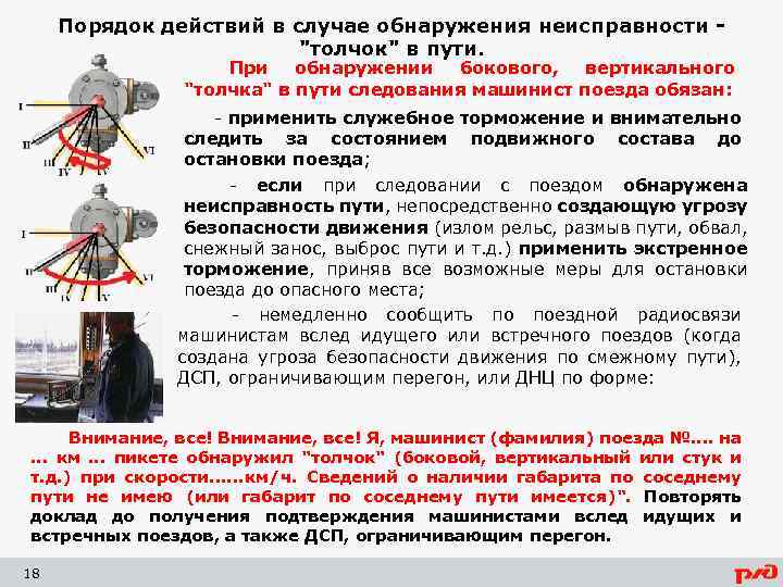 Порядок действий в случае обнаружения неисправности "толчок" в пути. При обнаружении бокового, вертикального "толчка"