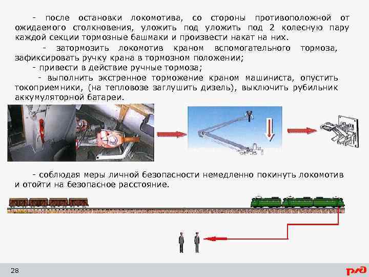 - после остановки локомотива, со стороны противоположной от ожидаемого столкновения, уложить под 2 колесную