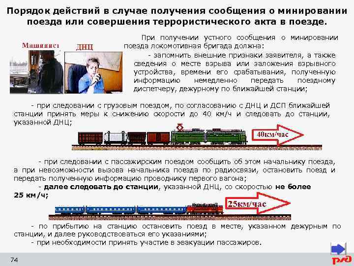 Порядок действий в случае получения сообщения о минировании поезда или совершения террористического акта в