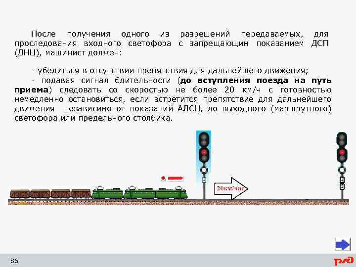 После получения одного из разрешений передаваемых, для проследования входного светофора с запрещающим показанием ДСП