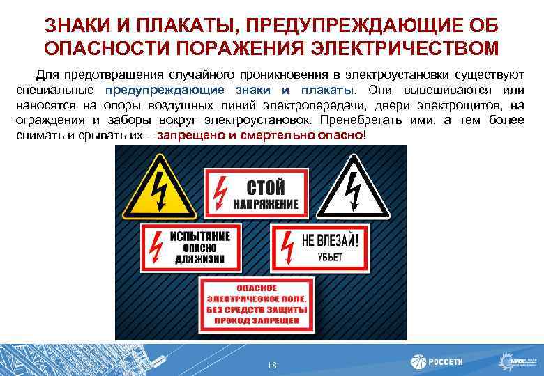 ЗНАКИ И ПЛАКАТЫ, ПРЕДУПРЕЖДАЮЩИЕ ОБ ОПАСНОСТИ ПОРАЖЕНИЯ ЭЛЕКТРИЧЕСТВОМ Для предотвращения случайного проникновения в электроустановки