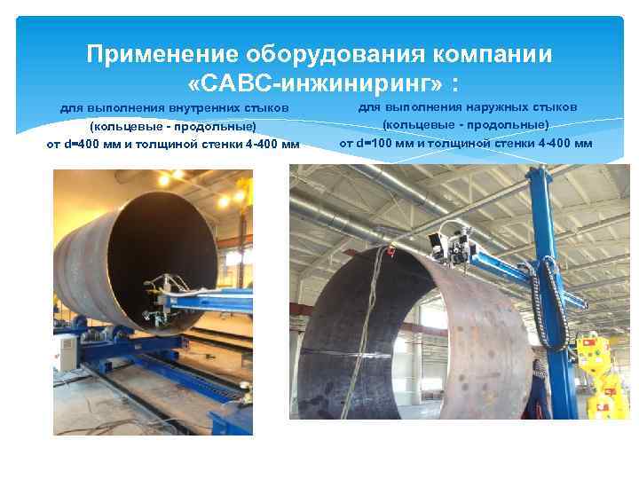 Применение оборудования компании «САВС-инжиниринг» : для выполнения внутренних стыков (кольцевые - продольные) от d=400