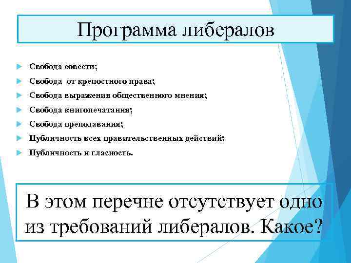 Программа либералов Свобода совести; Свобода от крепостного права; Свобода выражения общественного мнения; Свобода книгопечатания;