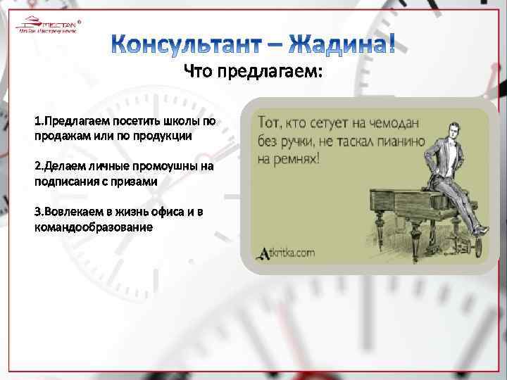 Что предлагаем: 1. Предлагаем посетить школы по продажам или по продукции 2. Делаем личные