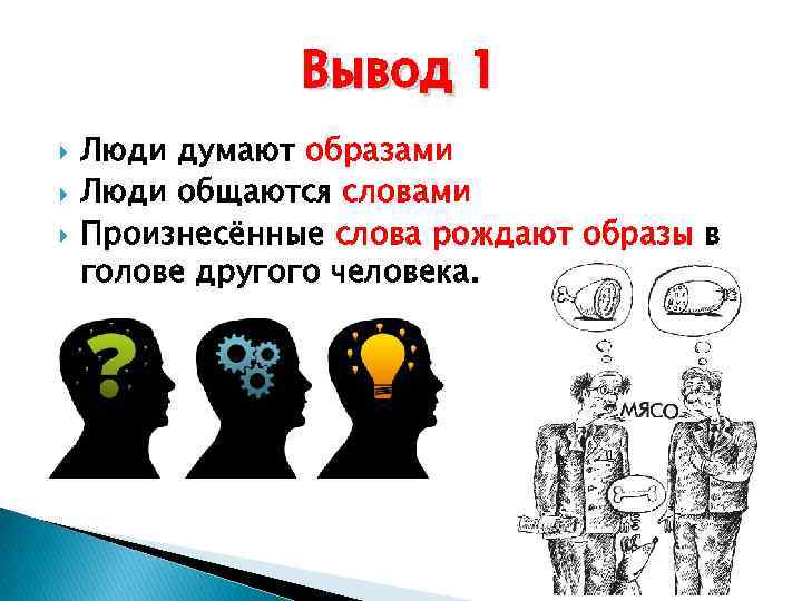 Вывод 1 Люди думают образами Люди общаются словами Произнесённые слова рождают образы в голове